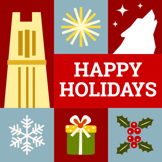 Vector graphics of NC State Bell Tower, Wolf, snowflake, wrapped gift, holly, and a ball of tinsel with Happy Holidays in the center.